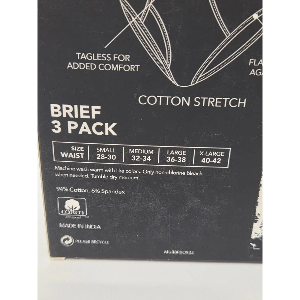 Murano 3 pack Cotton Stretch Brief White Size Large 36-38 Tagless Underwear